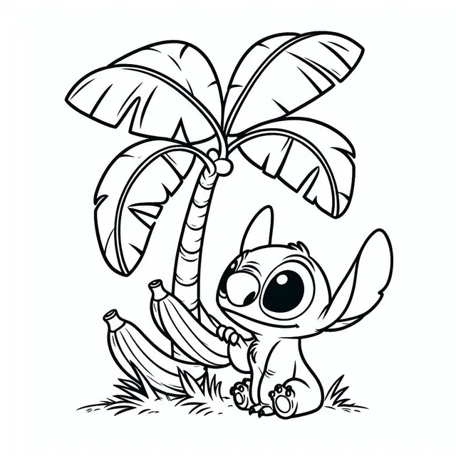 Ausmalbild Stitch unter Palme mit Bananen zum Ausdrucken
