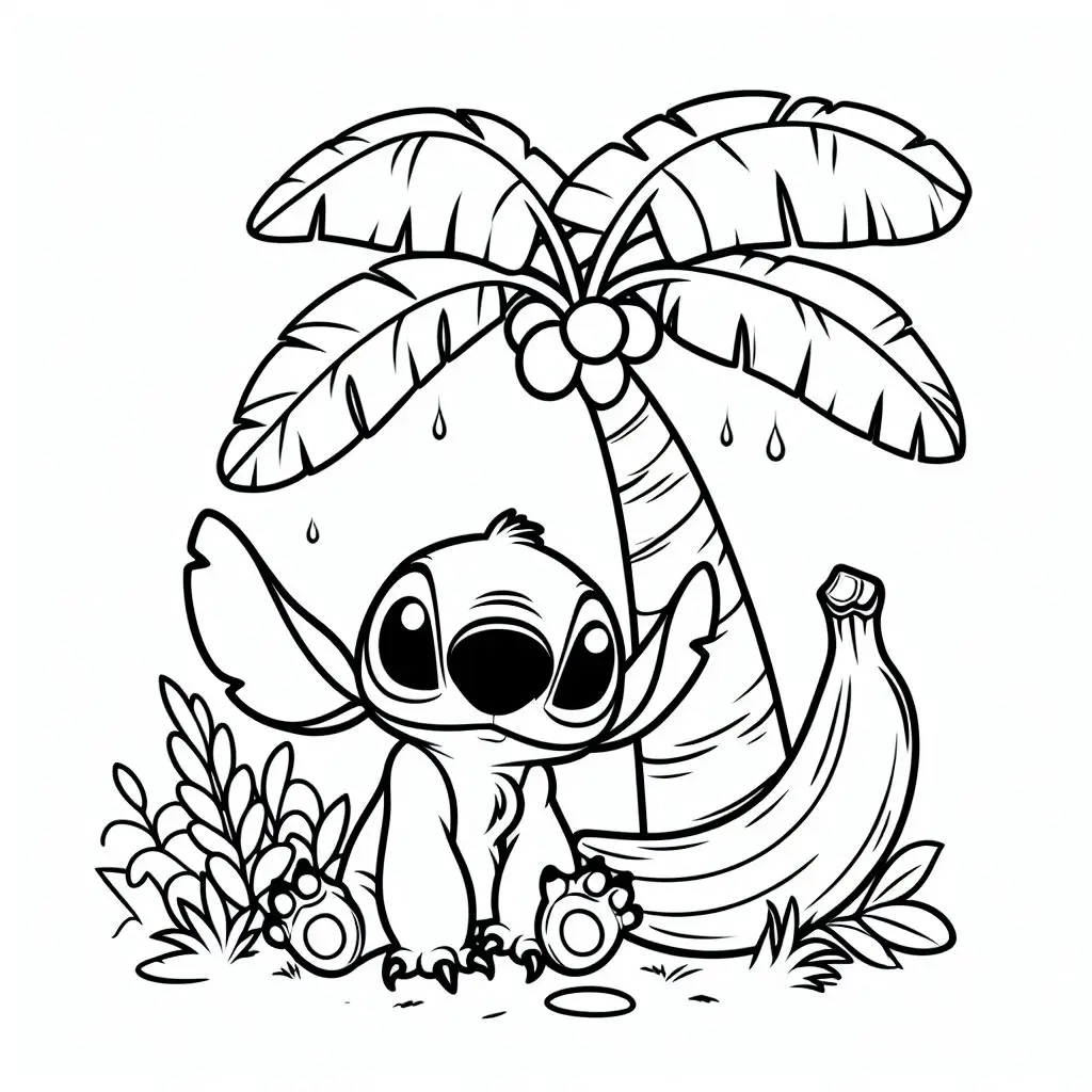 Stitch Under a Palm Tree With Coconuts coloring page to print