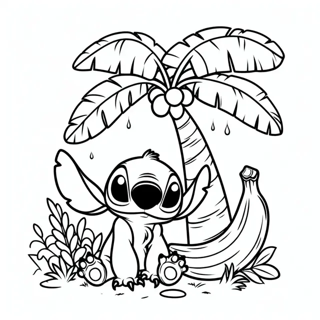 Ausmalbild Stitch unter einer Palme mit Kokosnüssen zum Ausdrucken