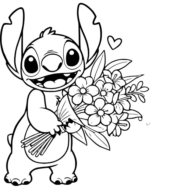 Dibujo de Stitch con un ramo de flores para colorear