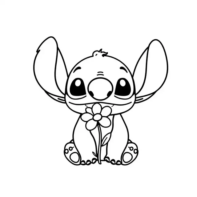 Ausmalbild Stitch mit einer Blume – Einfache Ausmalbilder zum Ausdrucken