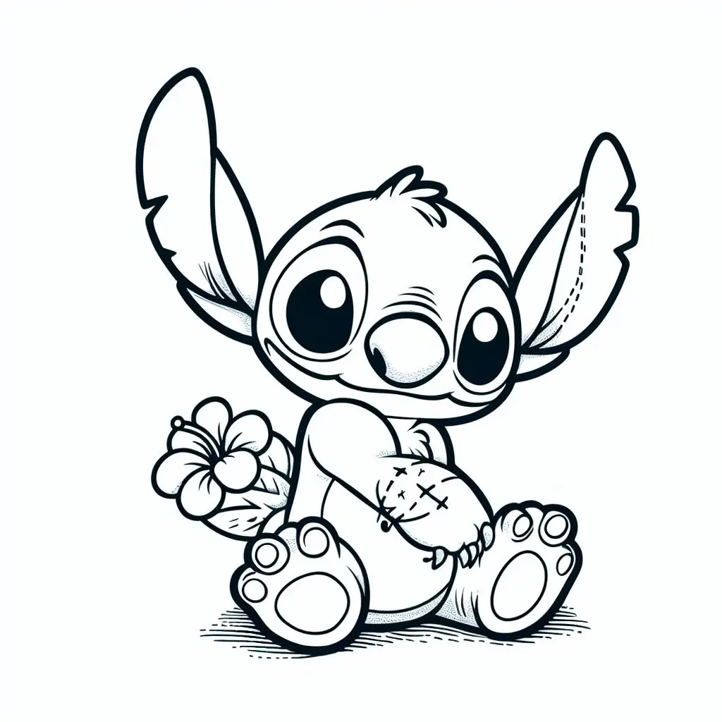 Coloriage Stitch Tenant Une Fleur - Stitch mignon à imprimer