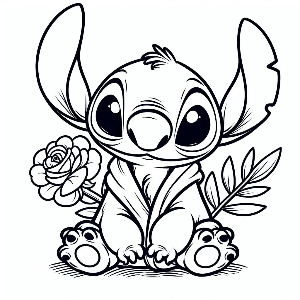 Stitch Holding a Rose coloring page to print