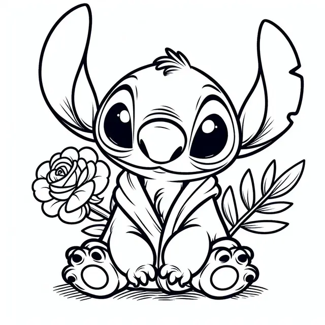 Ausmalbild Stitch mit einer Rose zum Ausdrucken