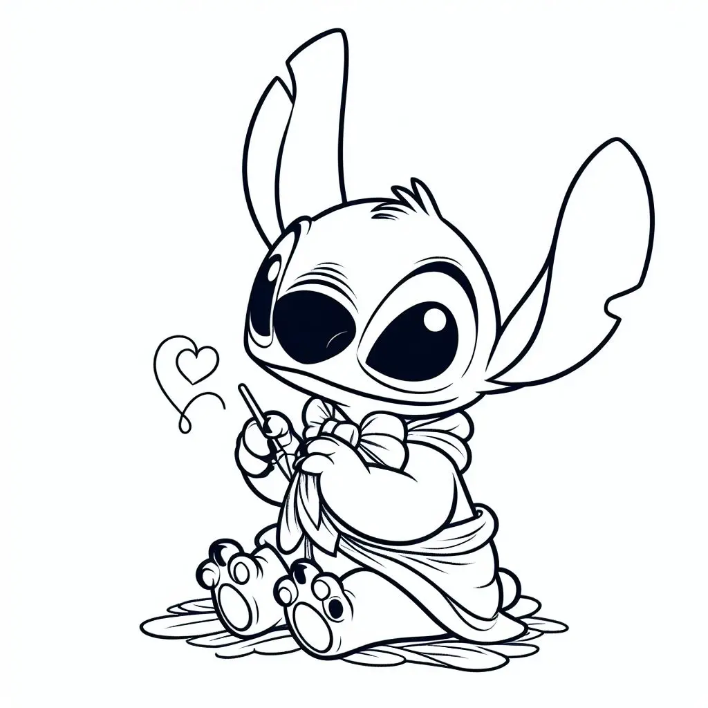 Coloriage Stitch Travaille Avec Un Crayon Et Un Cur - Stitch mignon à imprimer