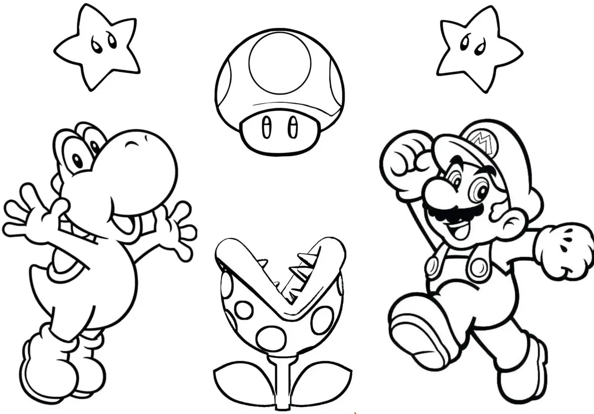 Ausmalbild Super Mario Bros mit Yoshi zum Ausdrucken