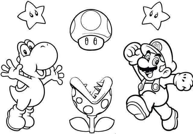 Ausmalbild Super Mario Bros mit Yoshi zum Ausdrucken
