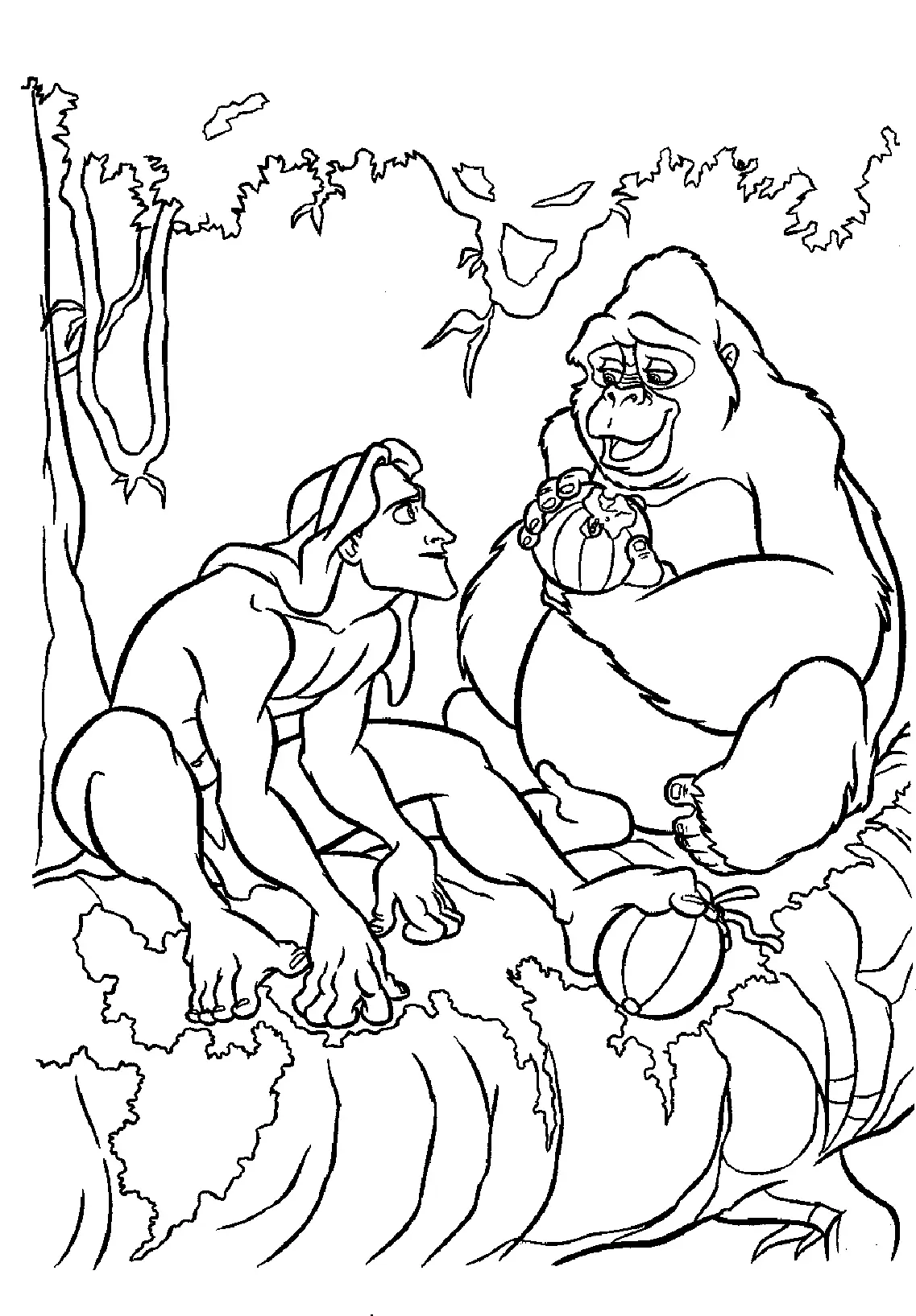 Coloriage Tarzan hurlant dans la jungle dense - Tarzan à imprimer