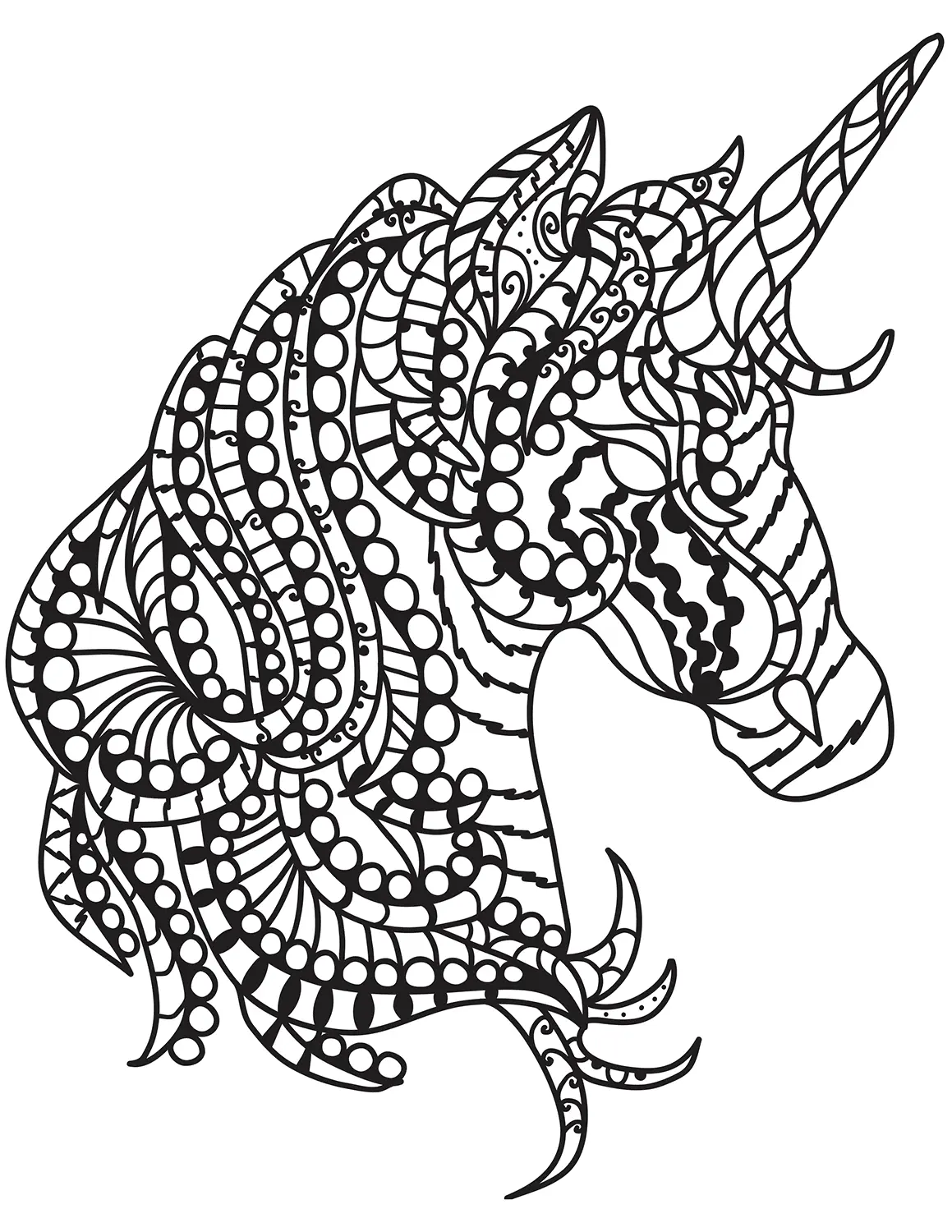Coloriage Tête de Licorne Zentangle avec Motifs Géométriques - Licorne à imprimer