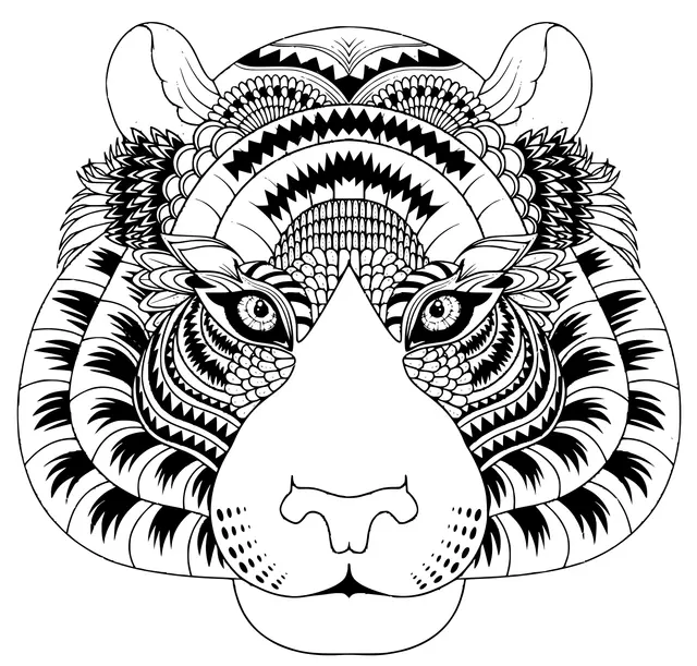 Ausmalbild Tigerkopf mit Zentangle-Details zum Ausdrucken