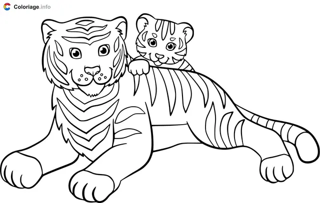 Coloriage Tigre avec son bébé tigre famille - Tigre à imprimer
