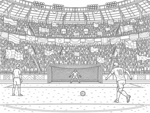 Desenho de Cobrança de Penalty número 10 contra o Goleiro no Estádio Lotado para colorir