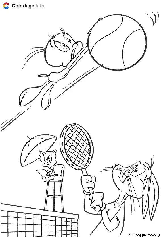Tweety and Bugs Bunny Playing Tennis coloring page to print