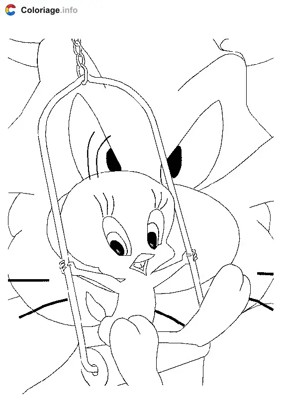 Tweety in His Cage with Sylvester Behind coloring page to print