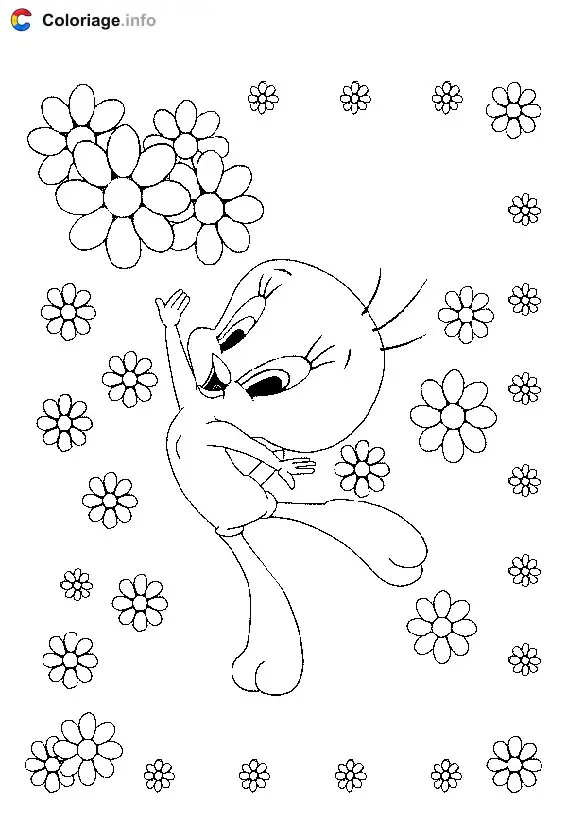 Tweety and Flowers coloring page to print
