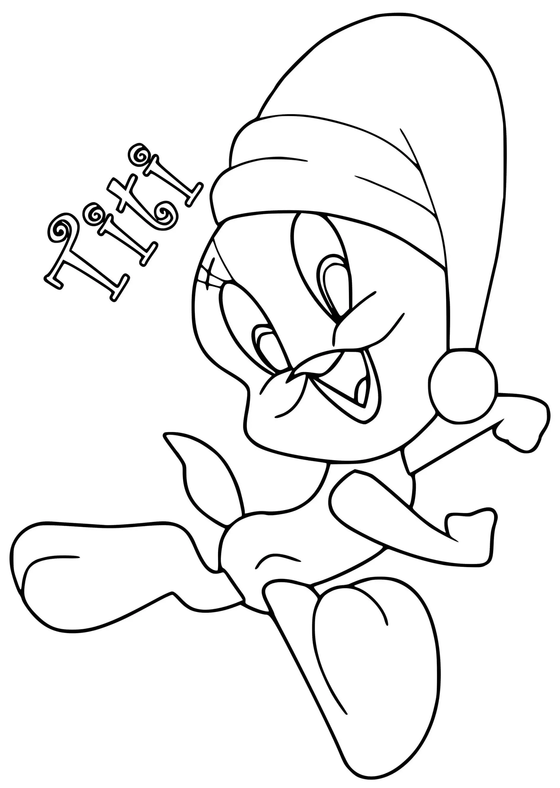 Coloriage Titi Looney Tunes Avec Un Chapeau De Noël - Titi à imprimer