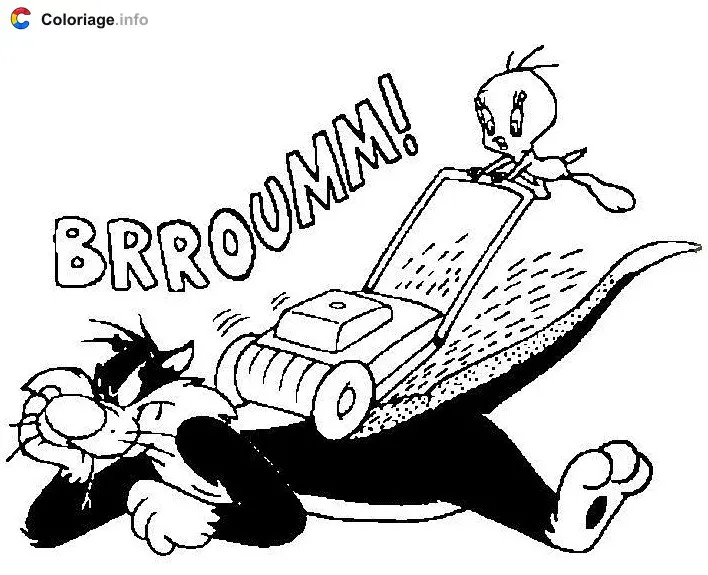 Tweety Pushes the Lawn Mower Over Sylvester coloring page to print