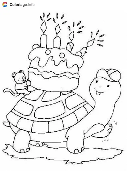 Turtle Carrying a Birthday Cake coloring page to print