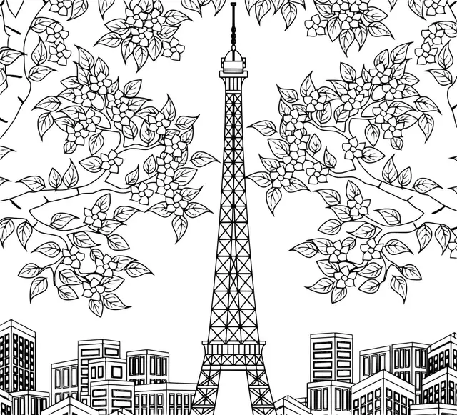 Coloriage Tour Eiffel Arbres Fleurs Batiments De Paris - Paris à imprimer