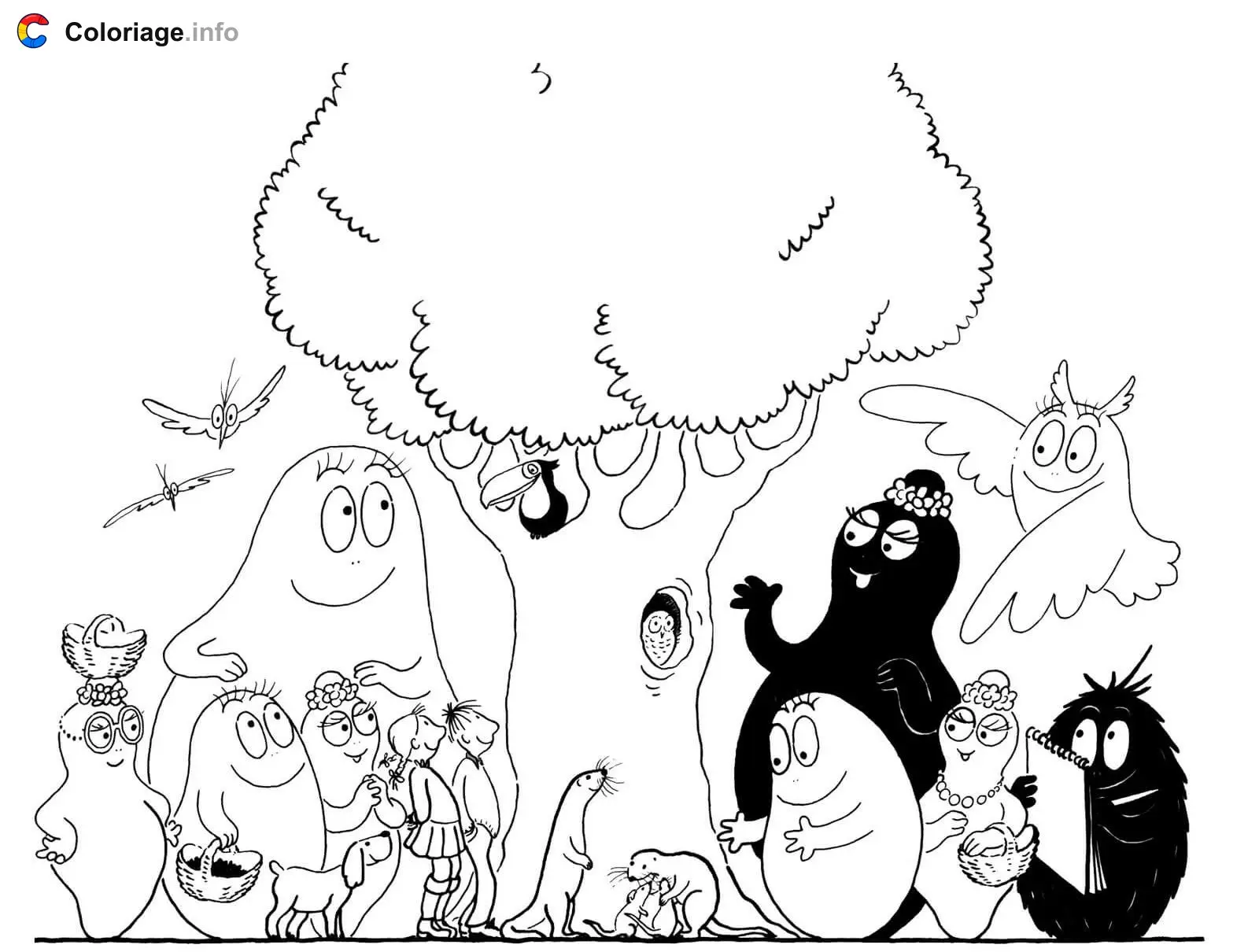 All the Barbapapa Characters Around a Tree coloring page to print