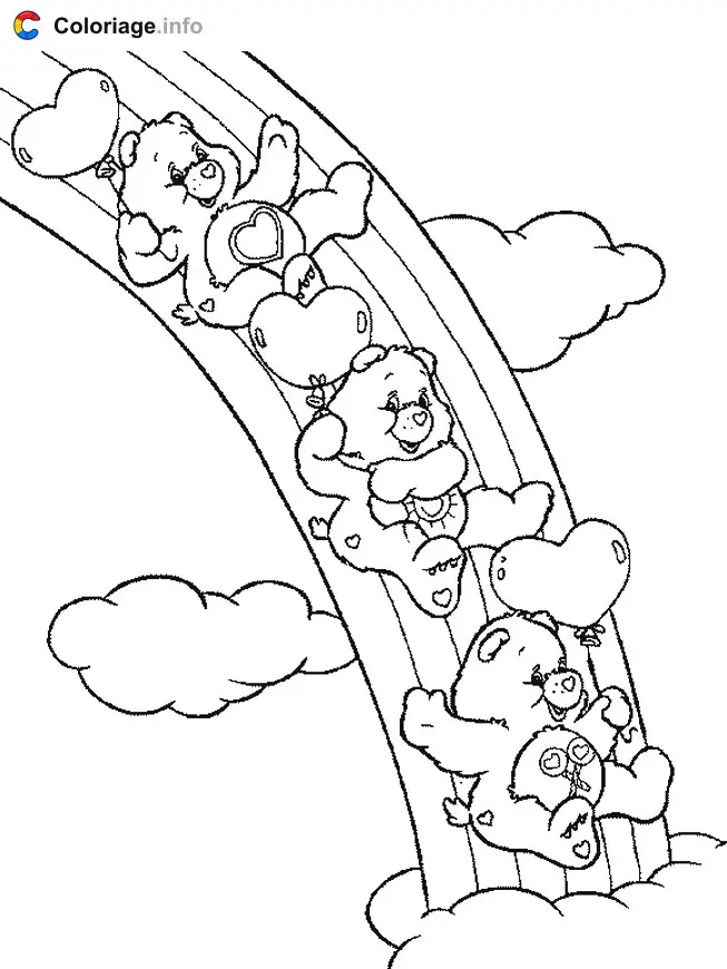 Coloriage Trois Bisounours font du toboggan sur un arc-en-ciel - Bisounours à imprimer