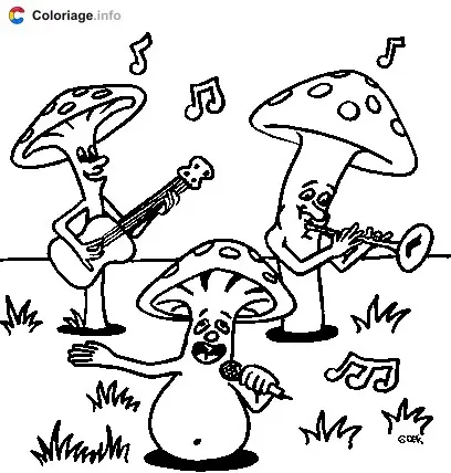 Trois champignons qui font de la musique coloring page to print