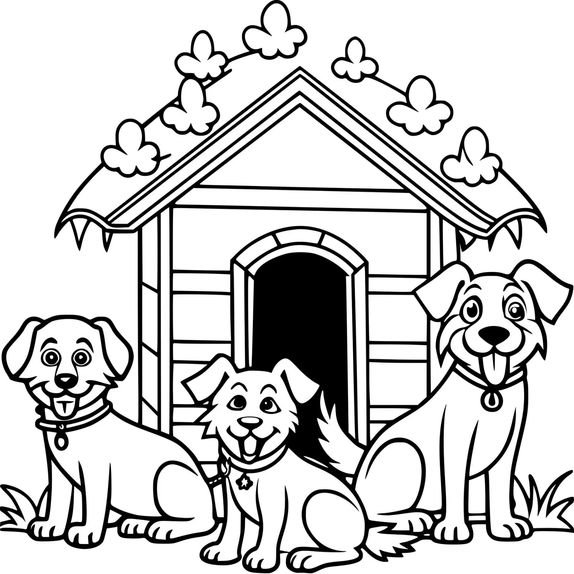 Coloriage Trois Chiens Devant Leur Maison - Chien à imprimer