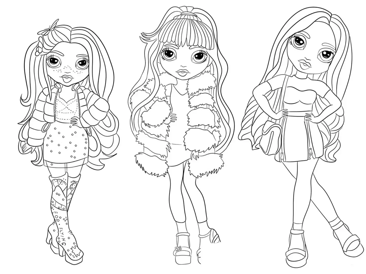 Coloriage Trois Personnages Feminins Stylises Mode - Rainbow high à imprimer