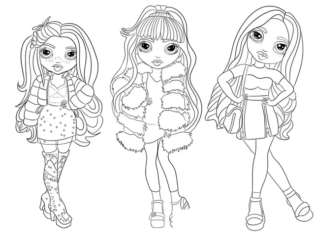 Dibujo de Tres Personajes Femeninos Estilizados de Rainbow High para colorear