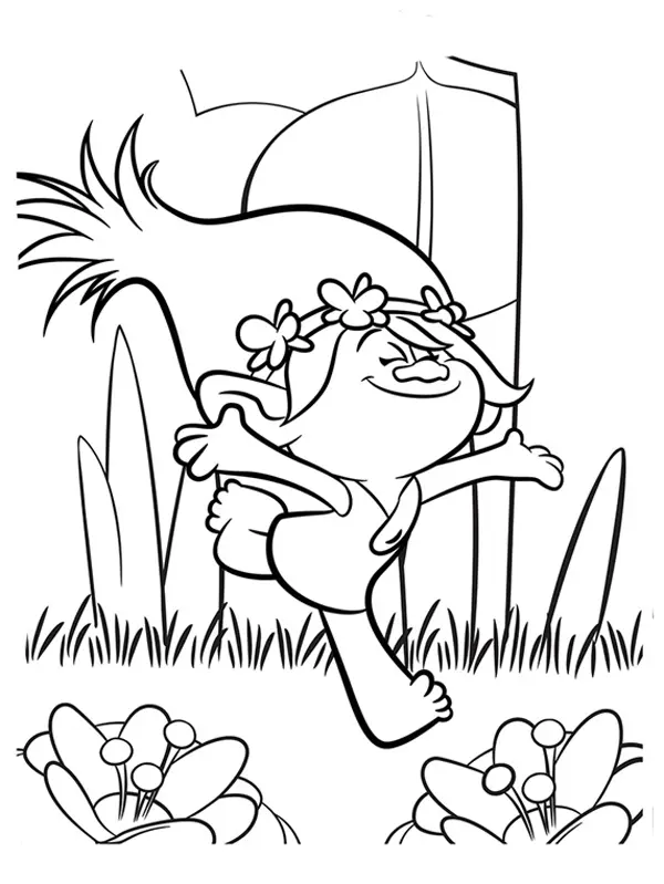 Coloriage Trolli dansant dans la forêt - Trolls à imprimer