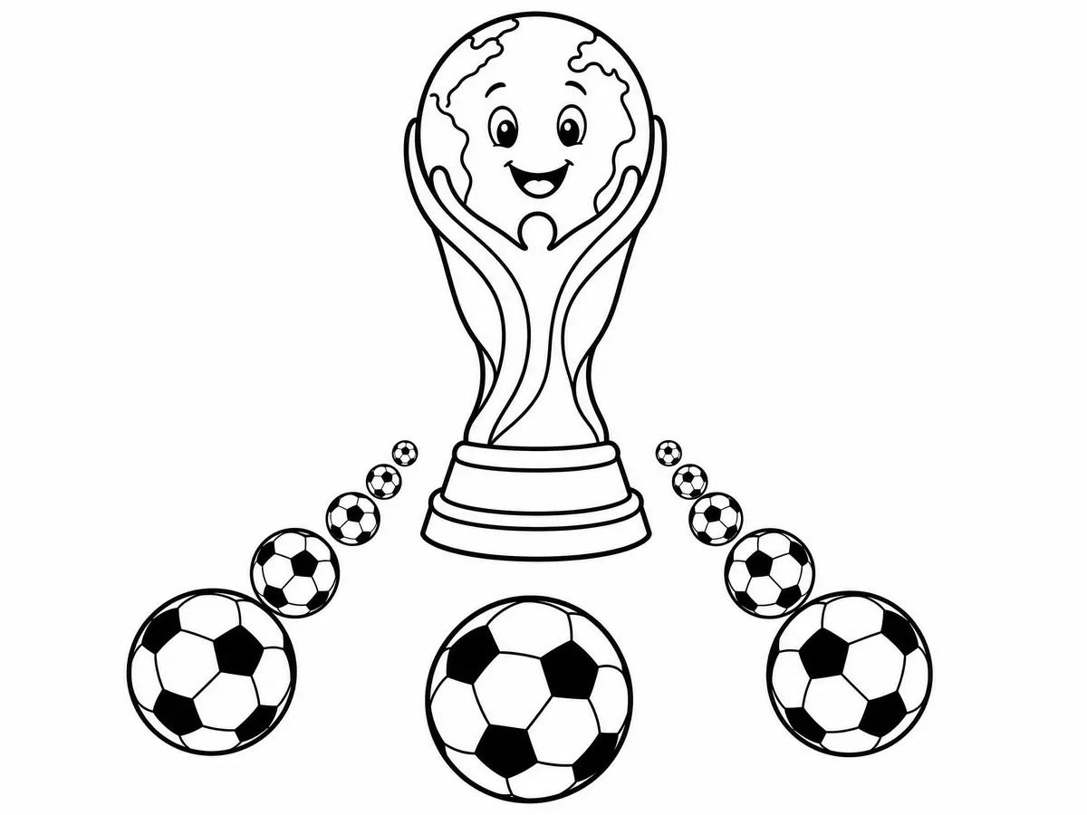 Ausmalbild Lächelnder Kawaii WM-Pokal mit Luftballons zum Ausdrucken