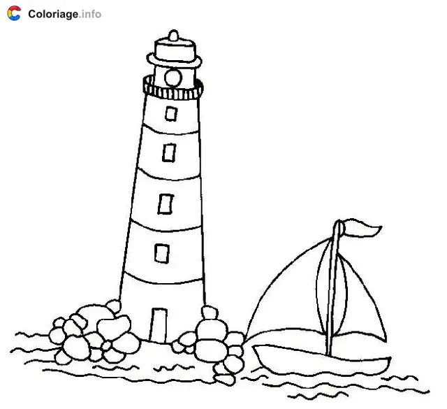 Coloriage Un bateau à côté du phare - Phares à imprimer