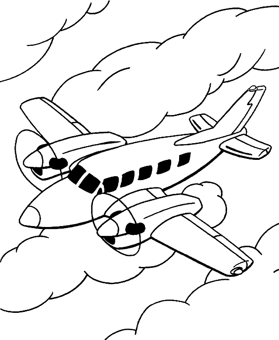 Coloriage Un Bimoteur Dans Un Ciel Nuageux - Avion à imprimer