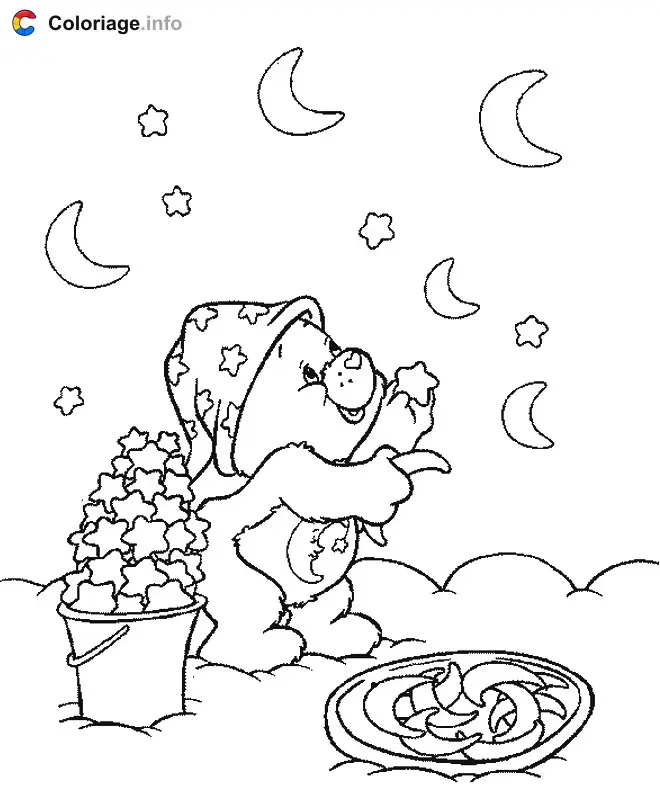Coloriage Un Bisounours accroche des étoiles dans le ciel - Bisounours à imprimer