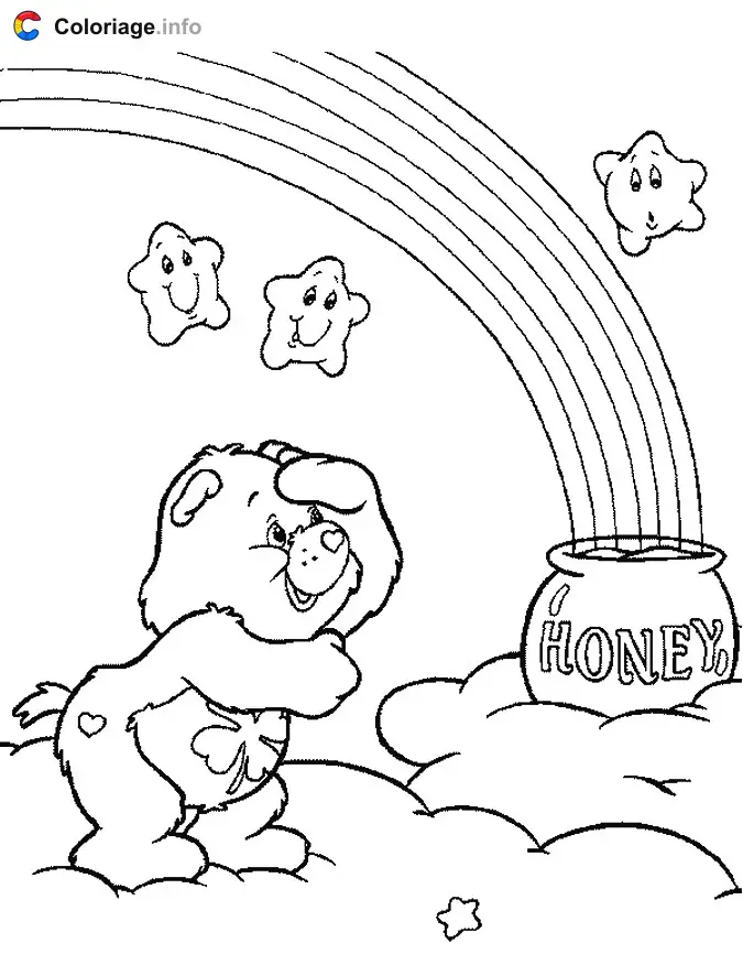 Coloriage Un Bisounours découvre du miel au pied d'un arc-en-ciel - Bisounours à imprimer