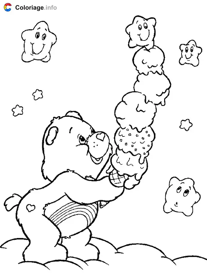 Coloriage Un Bisounours gourmand avec une très grande glace - Bisounours à imprimer