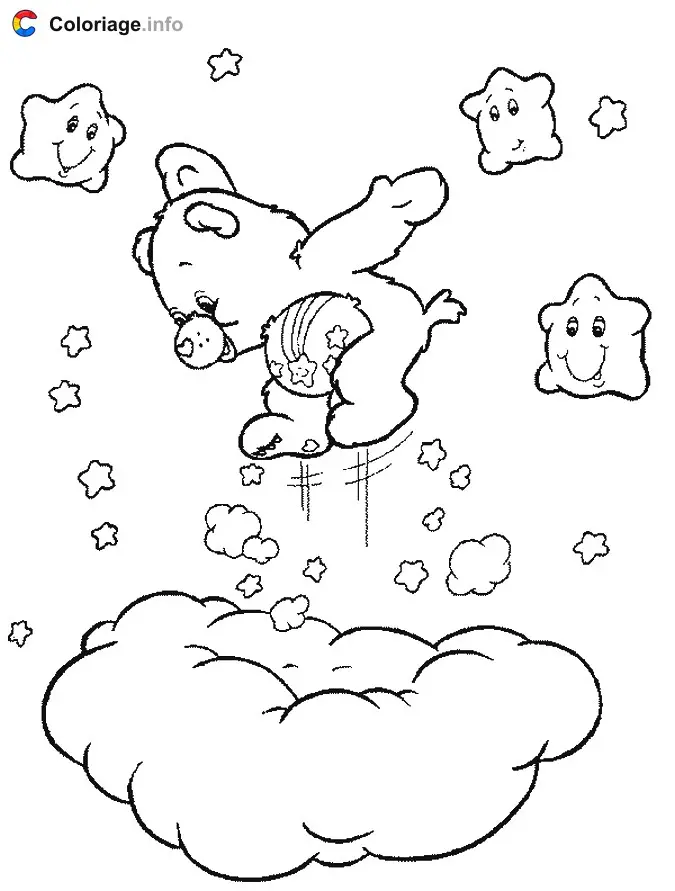 Coloriage Un Bisounours saute sur un nuage - Bisounours à imprimer