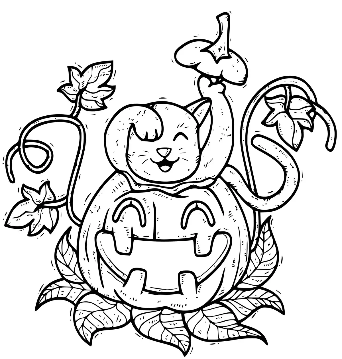A Cat Stuck Inside a Pumpkin coloring page to print