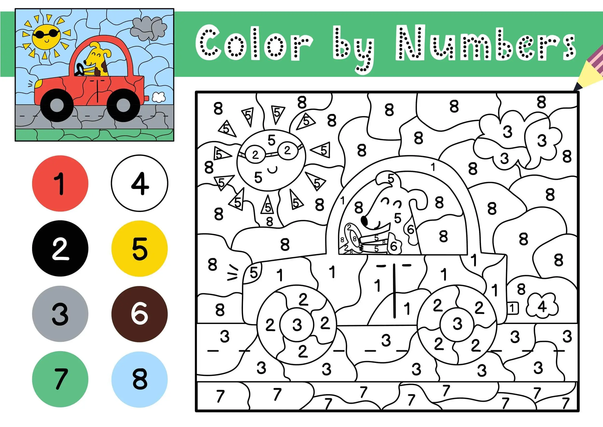 Coloriage Un Chien Conduit Une Voiture Avec Un Soleil Magique Cp Par Numéro - Magique cp à imprimer