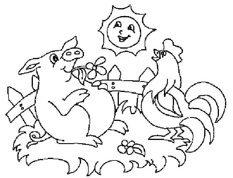 Coloriage Un Cochon Un Coq Et Le Soleil - Cochon à imprimer
