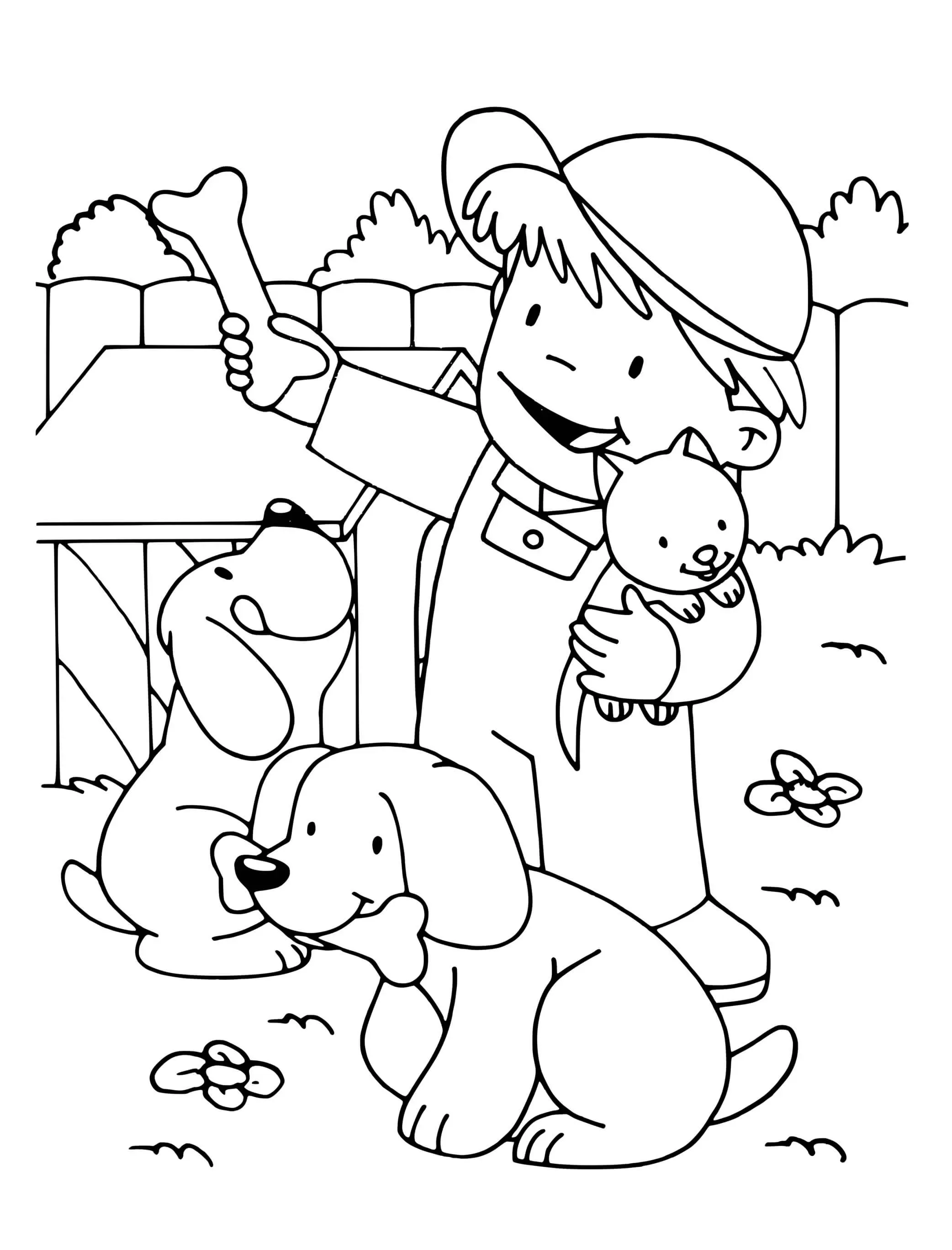 Coloriage Un Enfant Avec Son Chats Et Ses Deux Chiens - Facile à imprimer