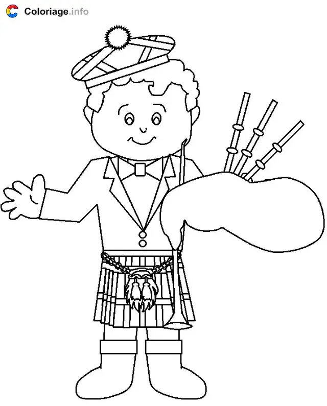 Coloriage Un enfant écossais avec la tenue traditionnelle - Écosse à imprimer