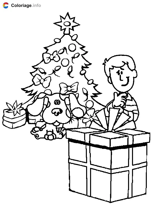 A Child and Dog with a Giant Christmas Gift coloring page to print