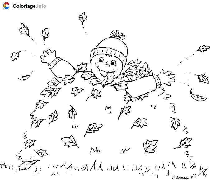 Coloriage Un enfant joue dans un tas de feuilles mortes - Automne à imprimer
