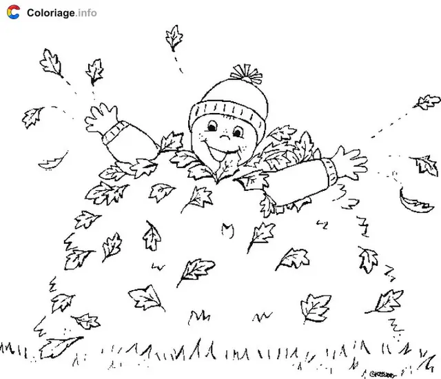 Coloriage Un enfant joue dans un tas de feuilles mortes - Automne à imprimer