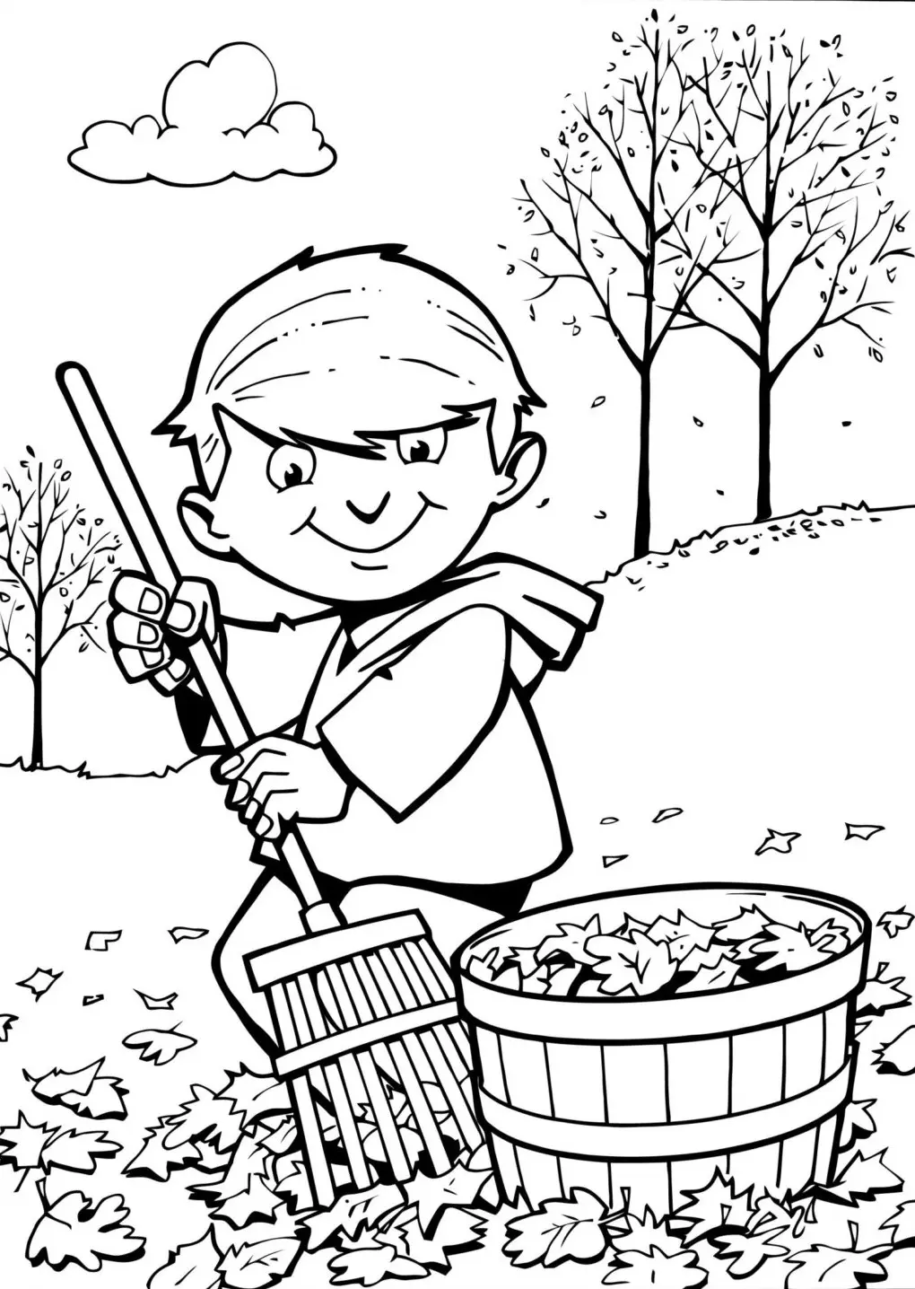 Coloriage Un Enfant Ramasse Les Feuilles Automne - Action de grâce à imprimer