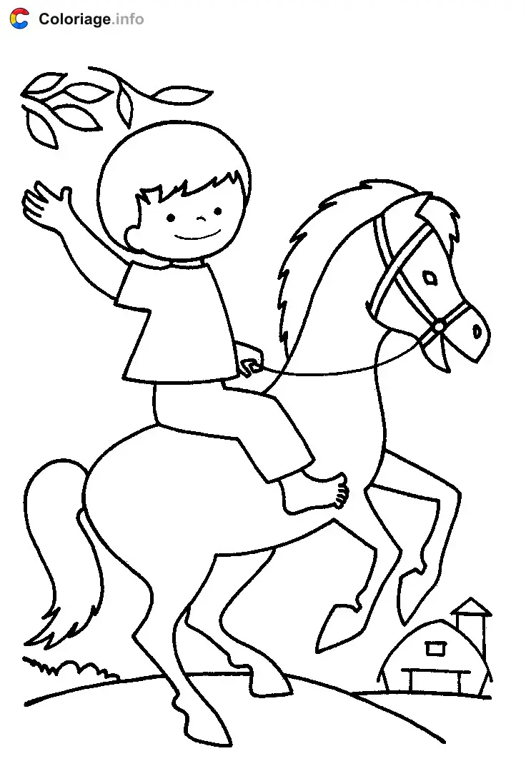 Coloriage Un enfant sur un cheval - Animaux de la ferme à imprimer
