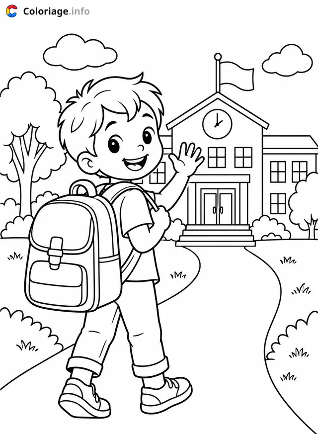 Ausmalbild Ein Kind geht zur Schule zum Ausdrucken