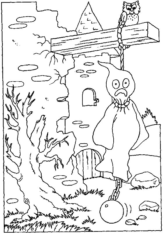 Coloriage Un Fantôme Qui Se Pend Dans Un Château En Ruine - Halloween fantome à imprimer