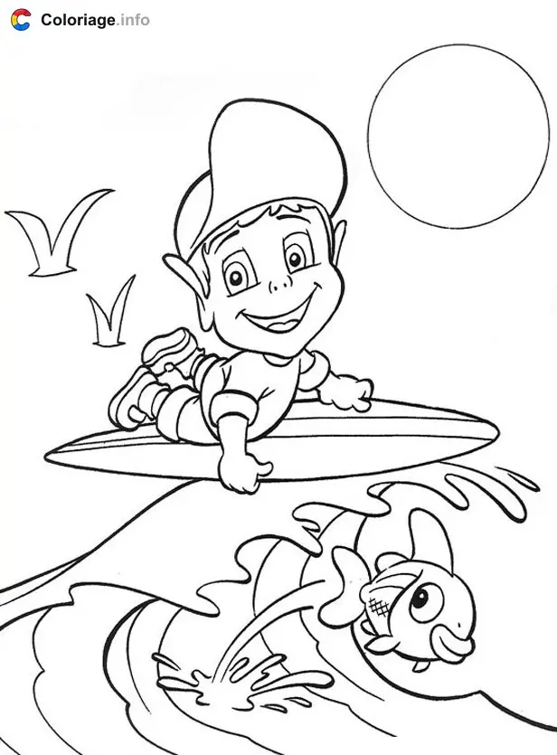Coloriage Un garcon fait du surf sur la mer à imprimer